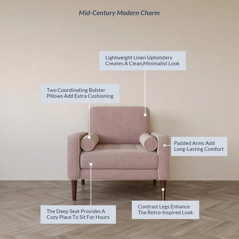 Erik Accent Chair Tufted Linen With Bolster Pillows, Brick - Image 4