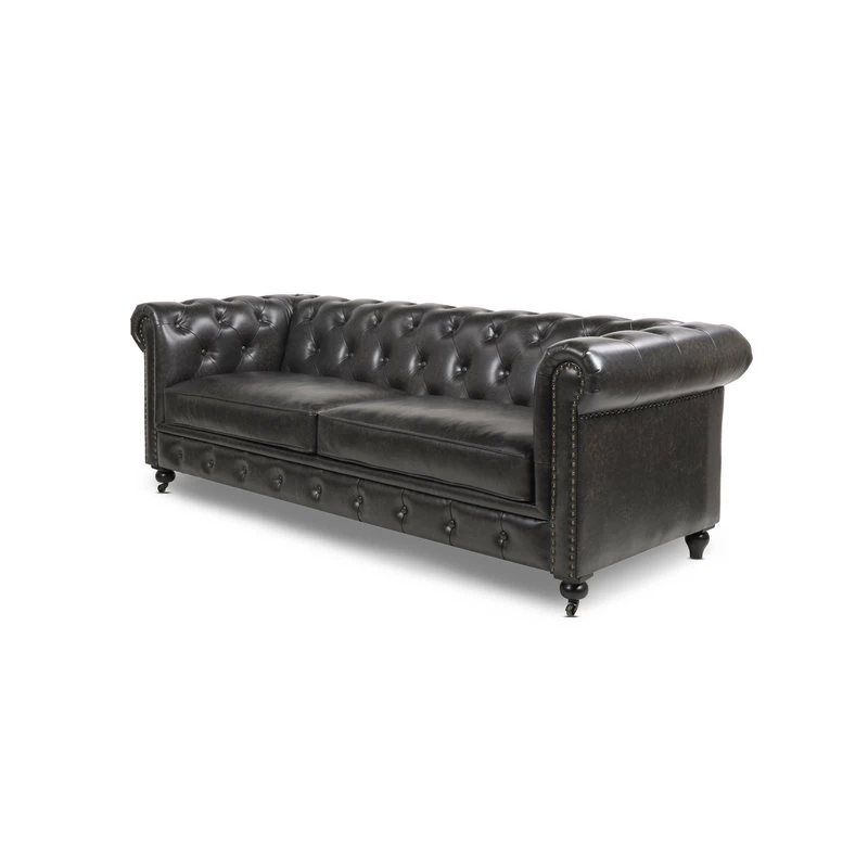 Winston 91" Tufted Chesterfield Sofa, Vintage Black Brown Faux Leather - Image 4