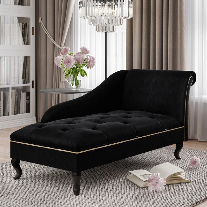 Nailhead Trim Velveteen Button-Tufted Storage Chaise, Black - Image 2