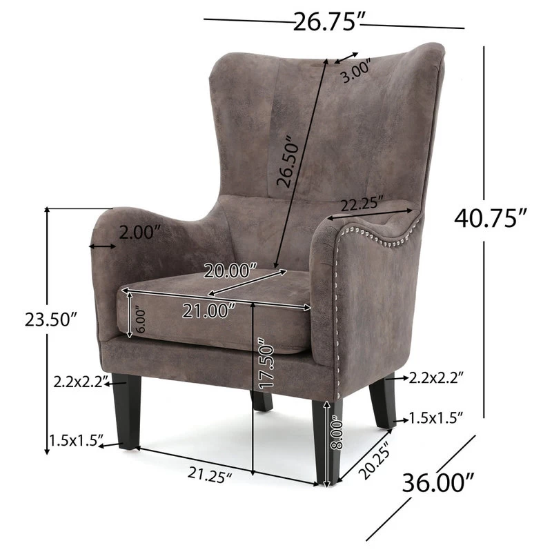 Lorenzo Contemporary Wingback Club Chair With Nailhead Trim, Gray Brown - Image 3