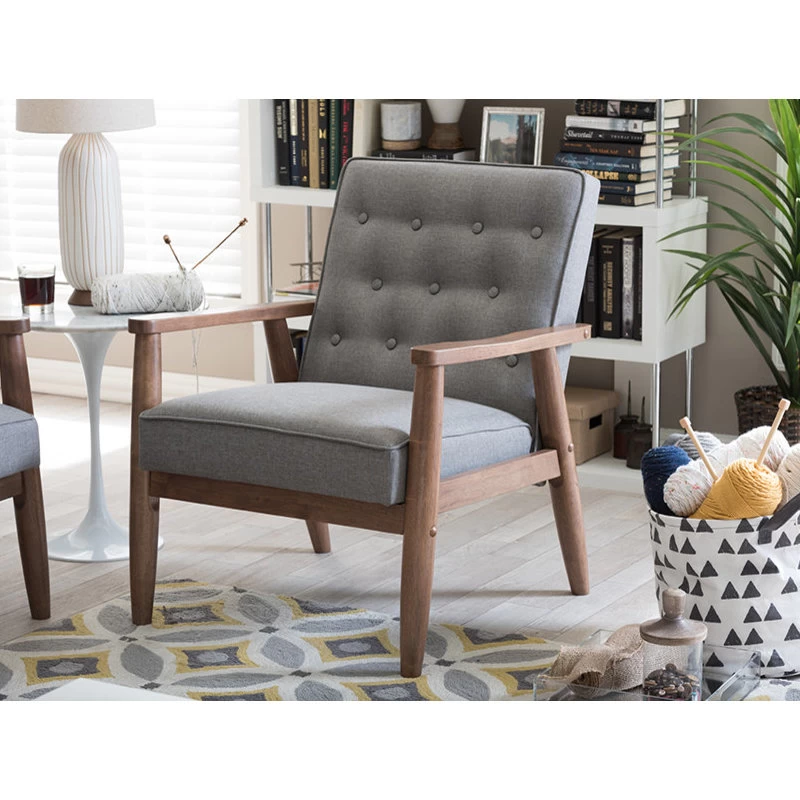 Baxton Studio Sorrento Retro Upholstered Wooden Lounge Chair, Gray Fabric - Image 5