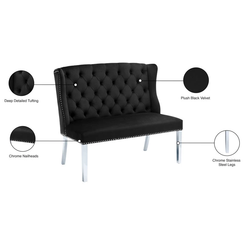 Suri Velvet Upholstered Settee Bench, Black - Image 6