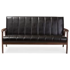 Baxton Studio Nikko Mid-century Scandinavian Style Black Faux Leather Wooden 3-Seater Sofa