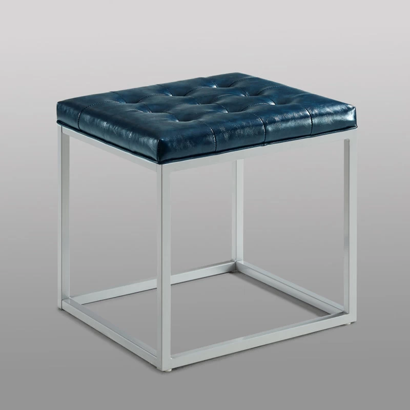 Teresa PU Leather Button Tufted Metal Frame Cube Ottoman, Blue - Image 2