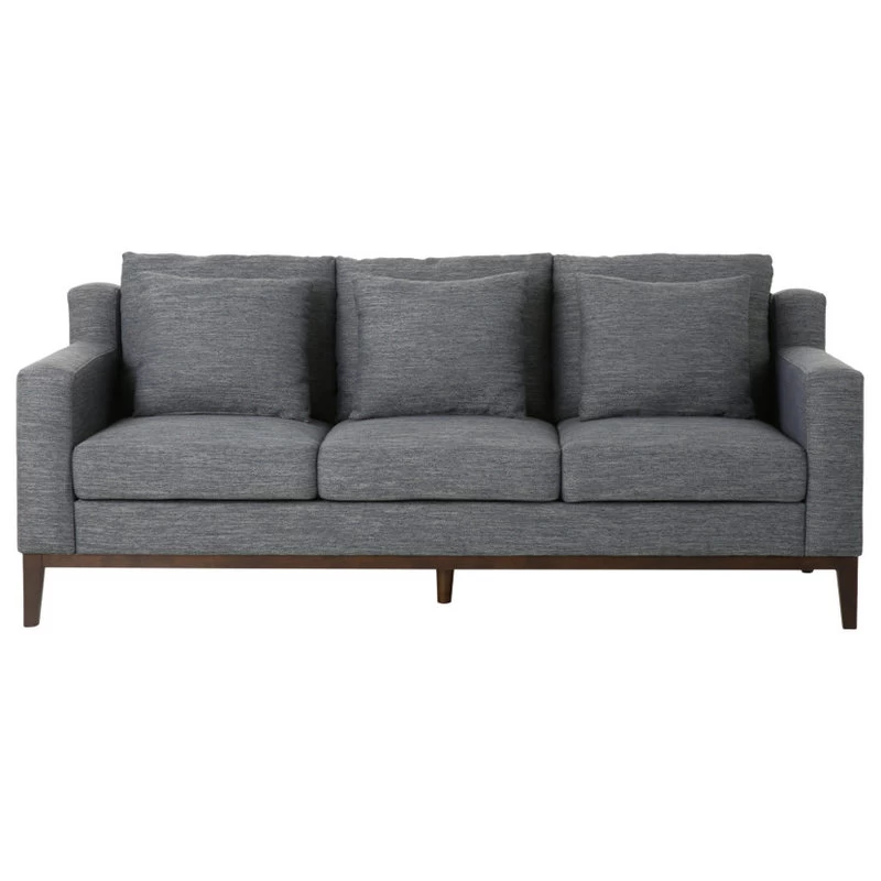 Noxon Fabric 3 Seater Sofa With Accent Pillows, Charcoal + Dark Walnut