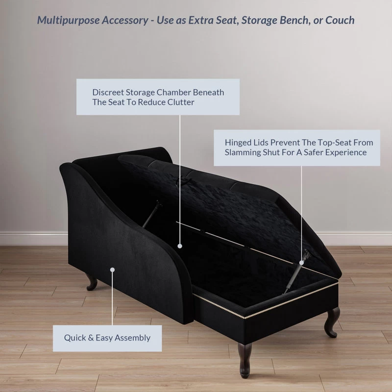 Nailhead Trim Velveteen Button-Tufted Storage Chaise, Black - Image 4