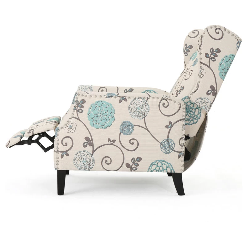 Corbin Fabric Recliner, Set Of 2, White With Blue Floral And Dark Brown - Image 5