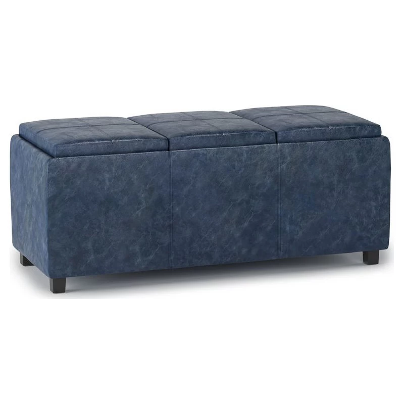 Simpli Home Avalon 42" Faux Leather Storage Ottoman In Denim Blue