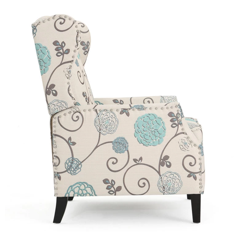 Corbin Fabric Recliner, Set Of 2, White With Blue Floral And Dark Brown - Image 6