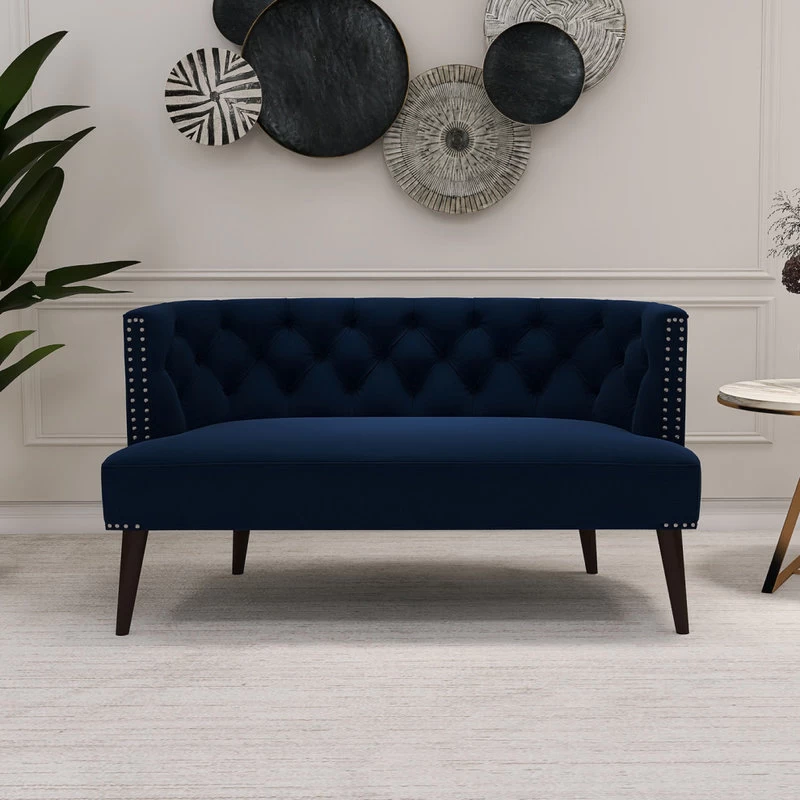 Celine Tufted Settee With Nailhead Accents, Dark Navy Blue - Image 2