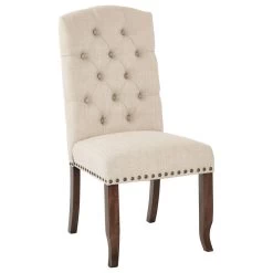 Jessica Tufted Dining Chair, Linen Fabric With Bronze Nailheads And Coffee Legs