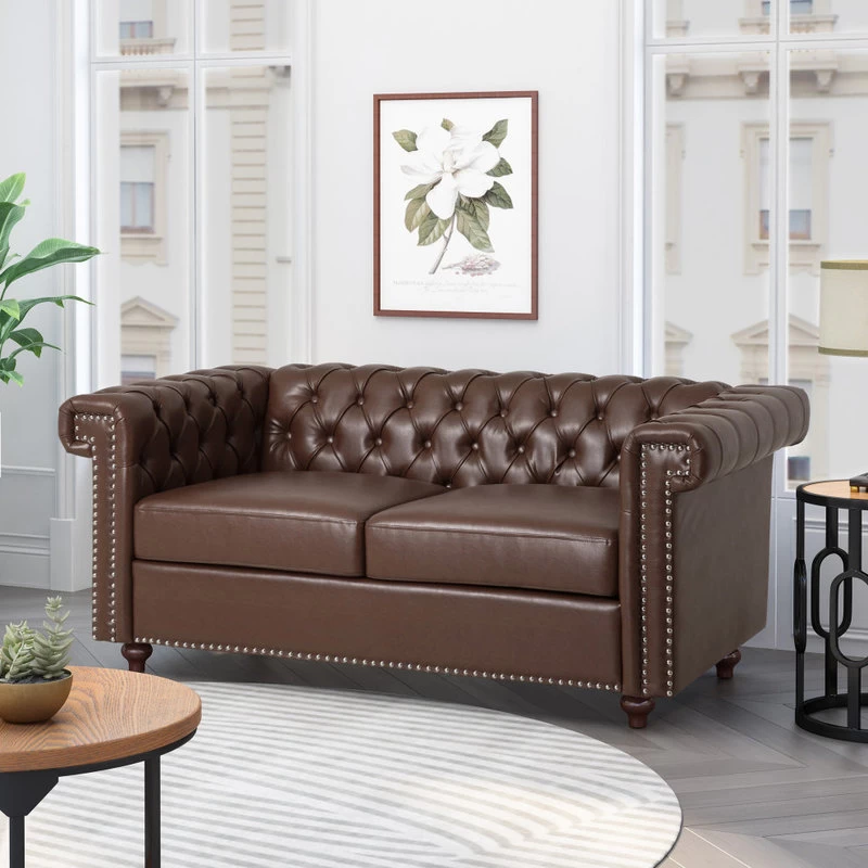 Timber Contemporary Button Tufted Loveseat With Nailhead Trim, Dark Brown And Es - Image 2