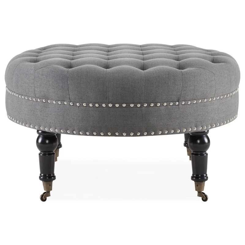 Round Tufted Linen Ottoman With Caster, 33", Gray - Image 4