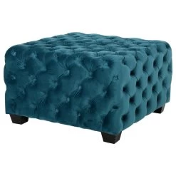GDF Studio Provence Dark Teal Tufted Velvet Fabric Square Ottoman Bench, Dark Te