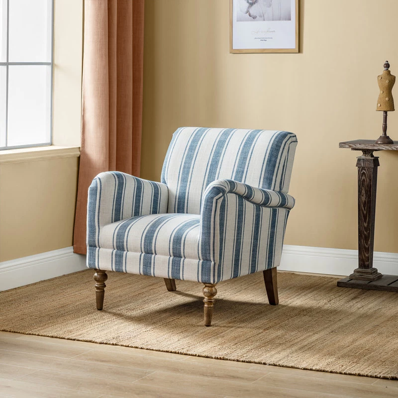 Stripe Armchair With Solid Wood Legs, Navy - Image 2