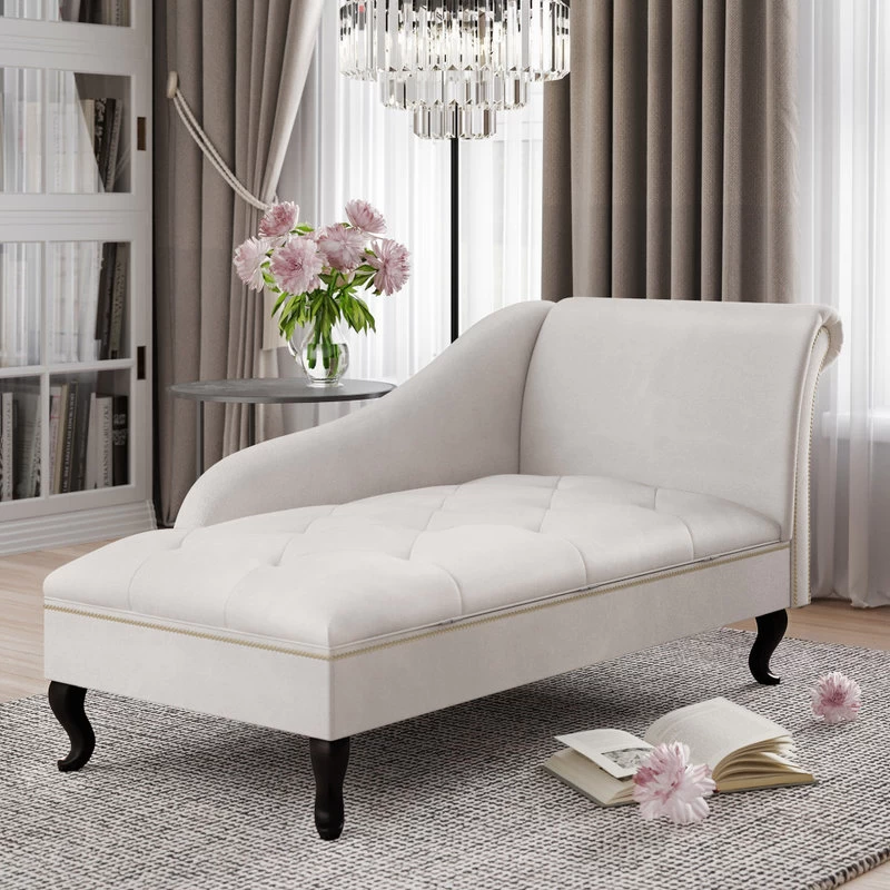 Nailhead Trim Velveteen Button-Tufted Storage Chaise, Beige - Image 2