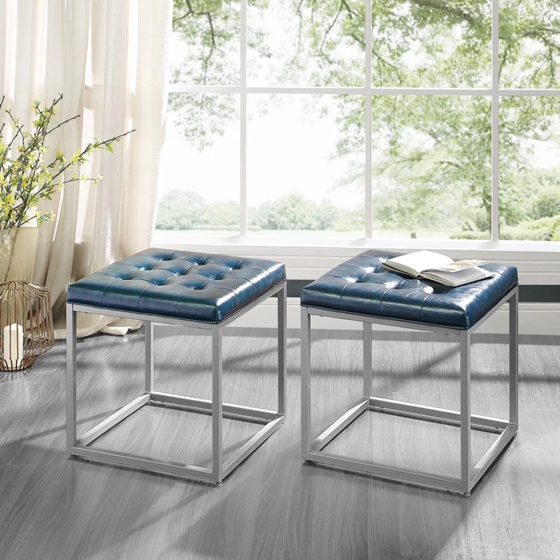 Teresa PU Leather Button Tufted Metal Frame Cube Ottoman, Blue - Image 3