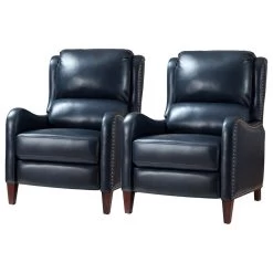 Genuine Leather Recliner With Nailhead Trim Set Of 2, Navy