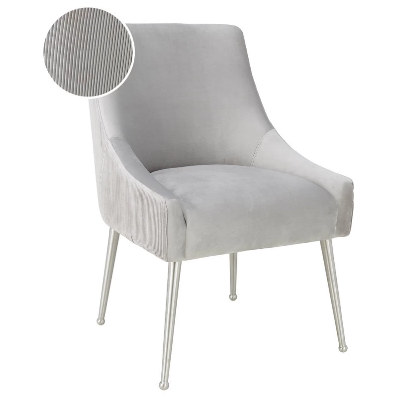 Beatrix Pleated Light Grey Velvet Side Chair - Silver Legs - Light Grey