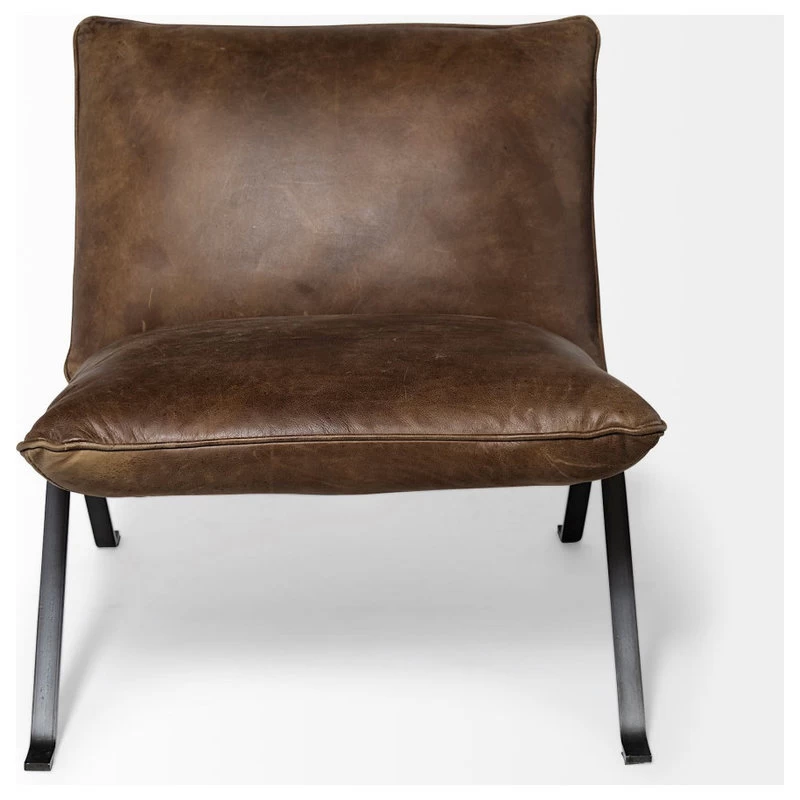 Flavelle II Top-Grain Leather Cushion Seat & Solid Iron Base Accent Chair, Brown - Image 2