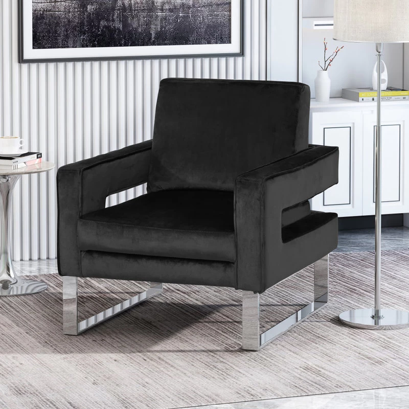 Kerman Modern Glam Velvet Club Chair, Black/Silver - Image 2