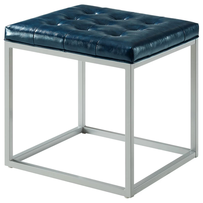 Teresa PU Leather Button Tufted Metal Frame Cube Ottoman, Blue
