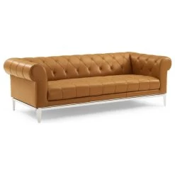 Idyll Tufted Button Upholstered Leather Chesterfield Sofa, Tan