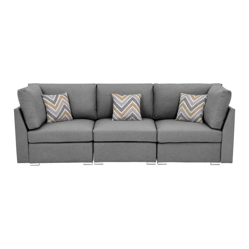 Amira Gray Linen Fabric Sofa Couch With Accent Pillows - Image 3