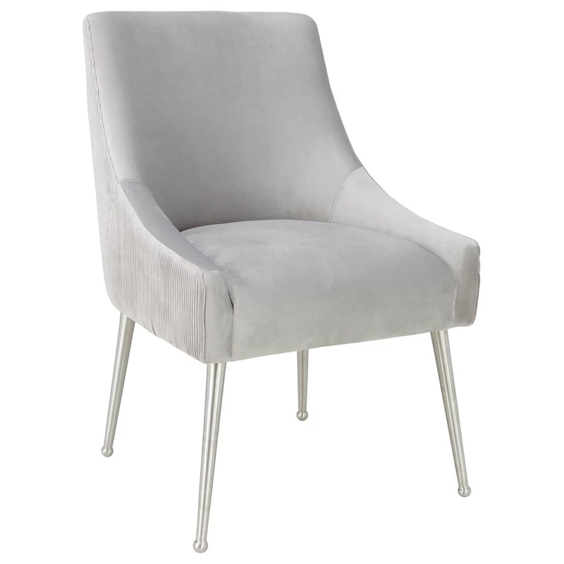 Beatrix Pleated Light Grey Velvet Side Chair - Silver Legs - Light Grey - Image 2