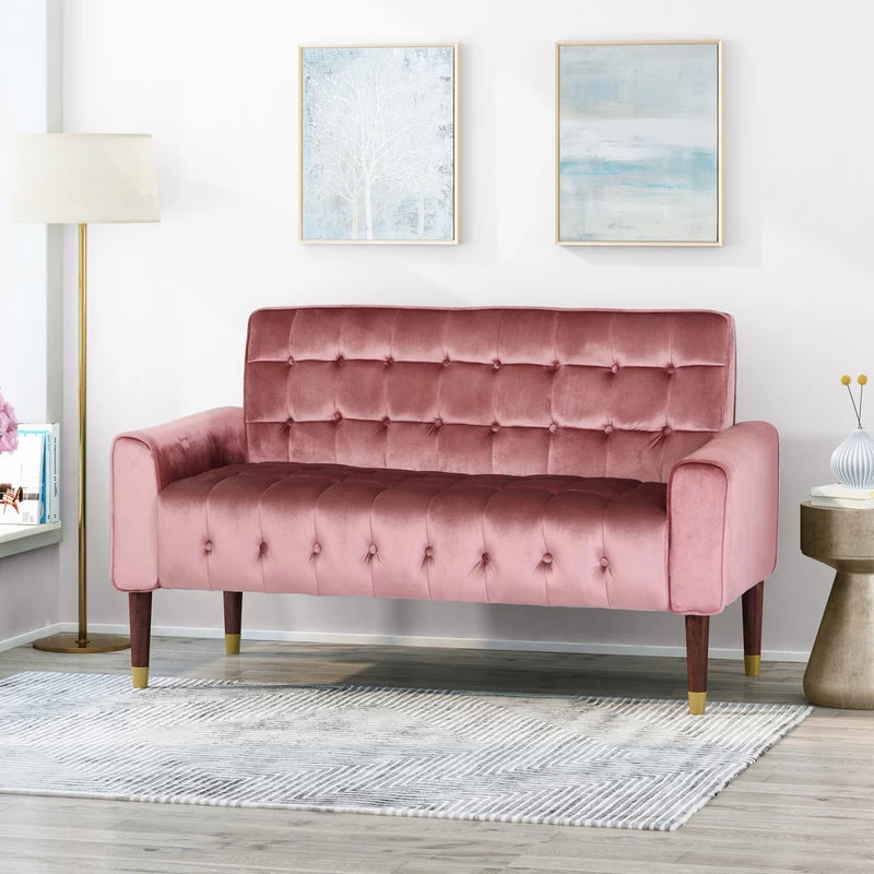 Aubrie Tufted Velvet Loveseat With Gold Tipped Tapered Legs, Blush, Gold Finish - Image 2