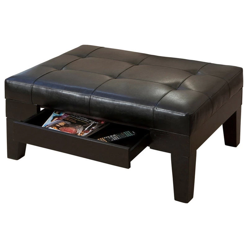 GDF Studio Tucson Leather Storage Ottoman Coffee Table, Black - Image 2
