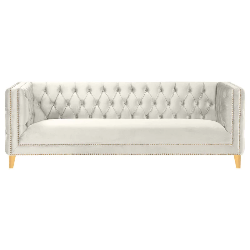 Michelle Fabric Upholstered Sofa, Gold Iron Legs, Cream Velvet - Image 3