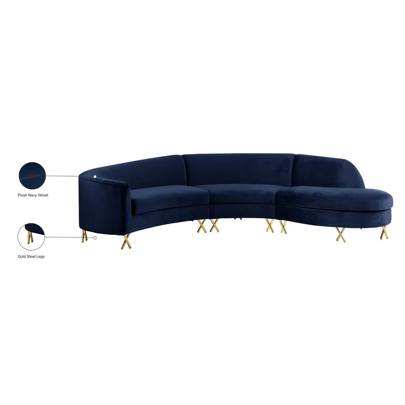 Serpentine Velvet 3-Piece Sectional, Navy - Image 6