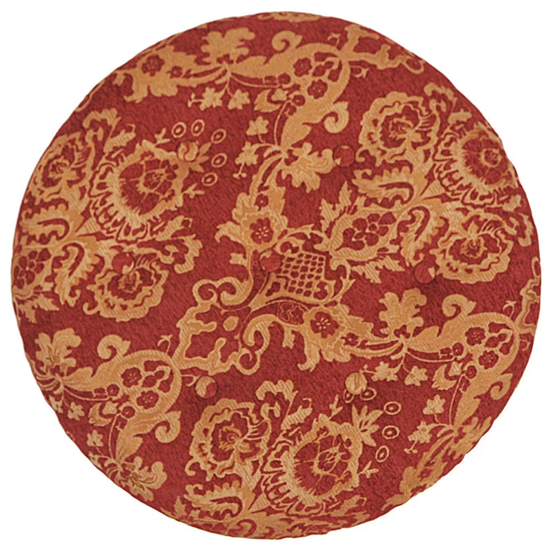 Yolanda Tufted Round Ottoman With Bullion Trim, Red Gold Jacquard - Image 3