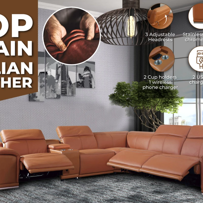 Frederico Genuine Italian Leather 6-Piece 1 Console 3-Power Reclining Sectional, Camel - Image 12