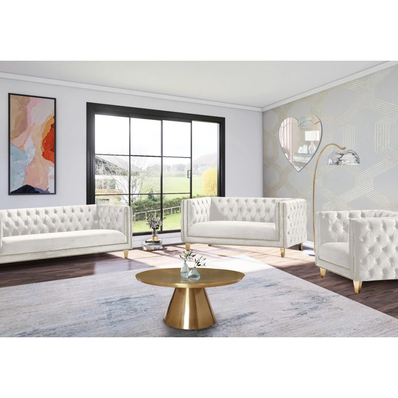 Michelle Fabric Upholstered Sofa, Gold Iron Legs, Cream Velvet - Image 8