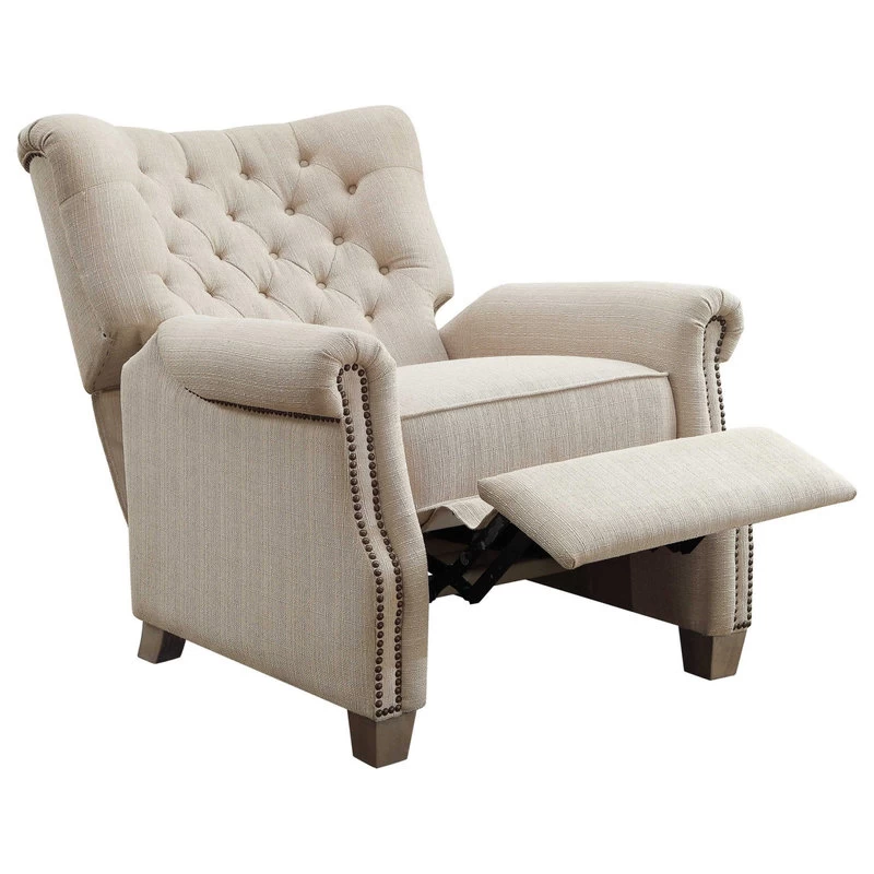 Push Back Recliner Chair, Diamond Tufted Back & Rolled Arms, Beige Fabric - Image 4