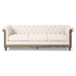 Bowes Chesterfield Tufted 3 Seater Sofa With Nailhead Trim, Beige + Dark Brown