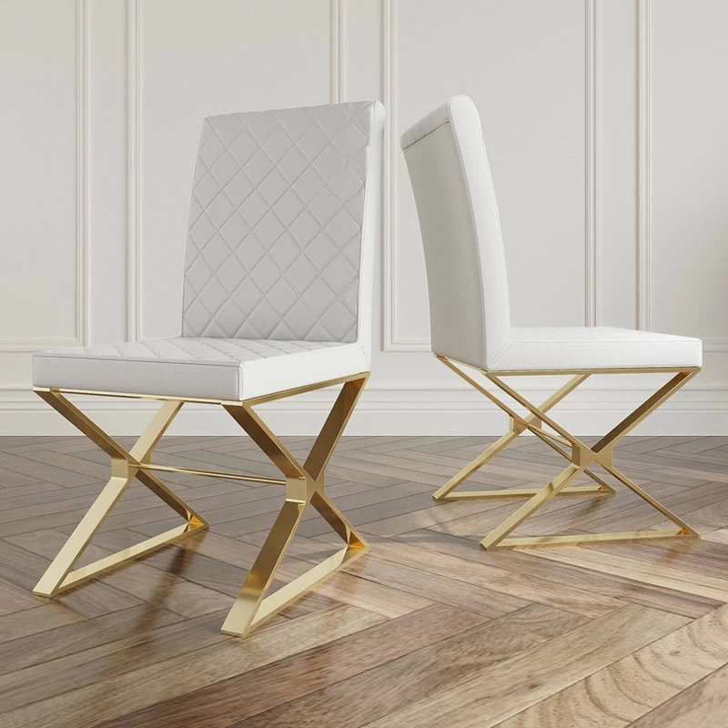 Modern Upholstered White PU Leather Dining Chair Set Of 2 Stainless Steel Gold - Image 5
