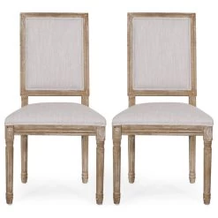 Amy French Country Wood Upholstered Dining Chair, Set Of 2, Light Gray/Natural