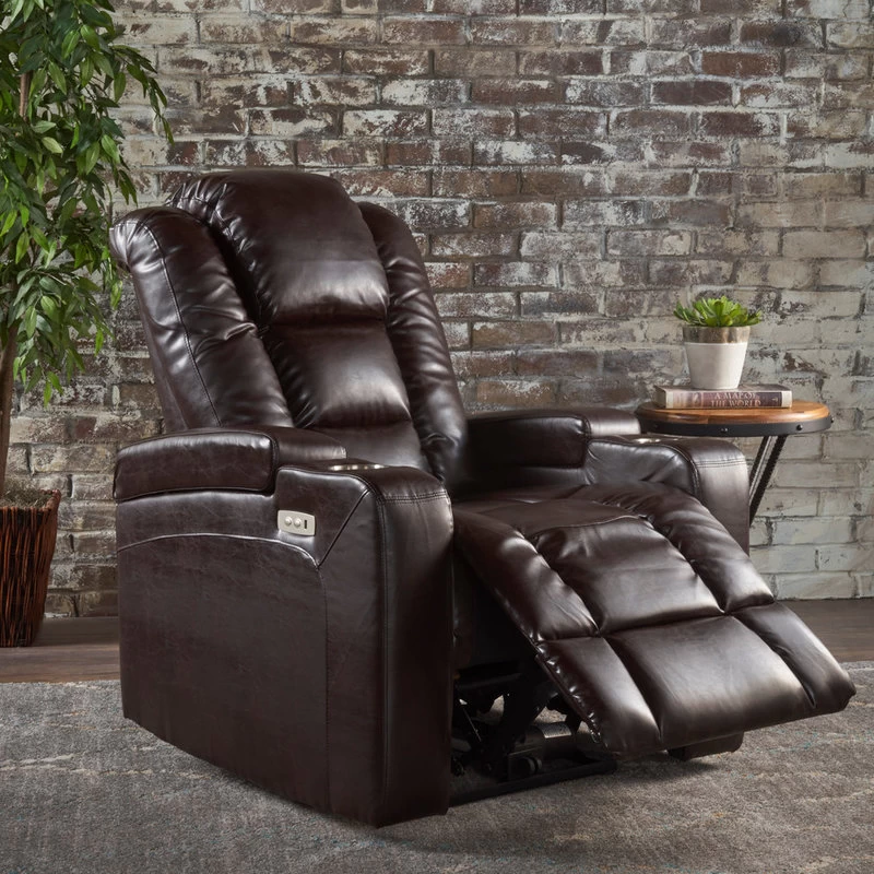 GDF Studio Everette Brown Leather Power Recliner With Arm Storage And USB Cord - Image 2