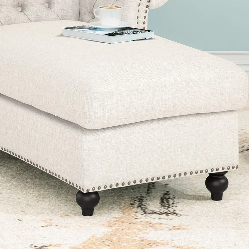 Phyllis Modern Glam Chesterfield Chaise Lounge, Beige/Dark Brown - Image 4