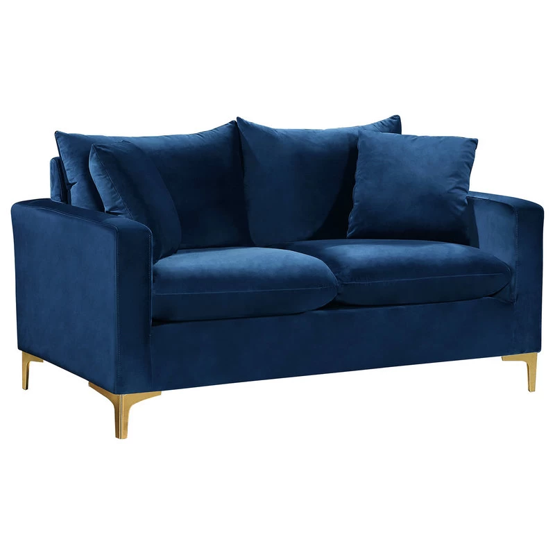 Naomi Velvet Loveseat, Gold And Chrome Leg Set, Navy