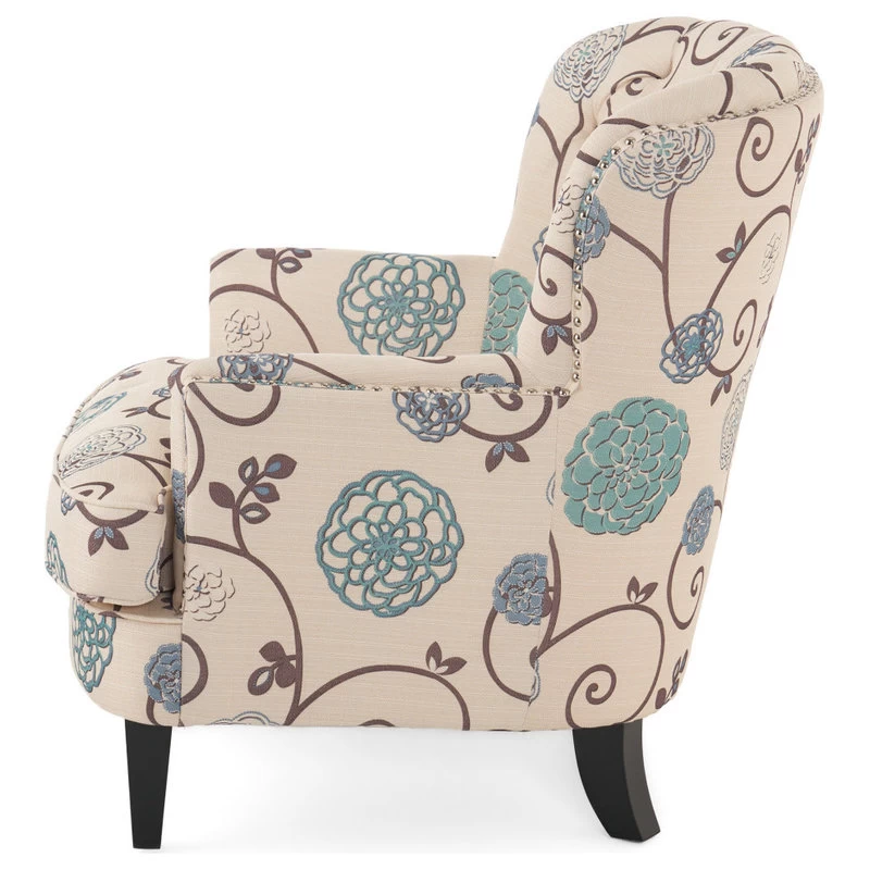 GDF Studio Alfred White And Blue Floral Fabric Club Chair With Chrome Nailheads - Image 8