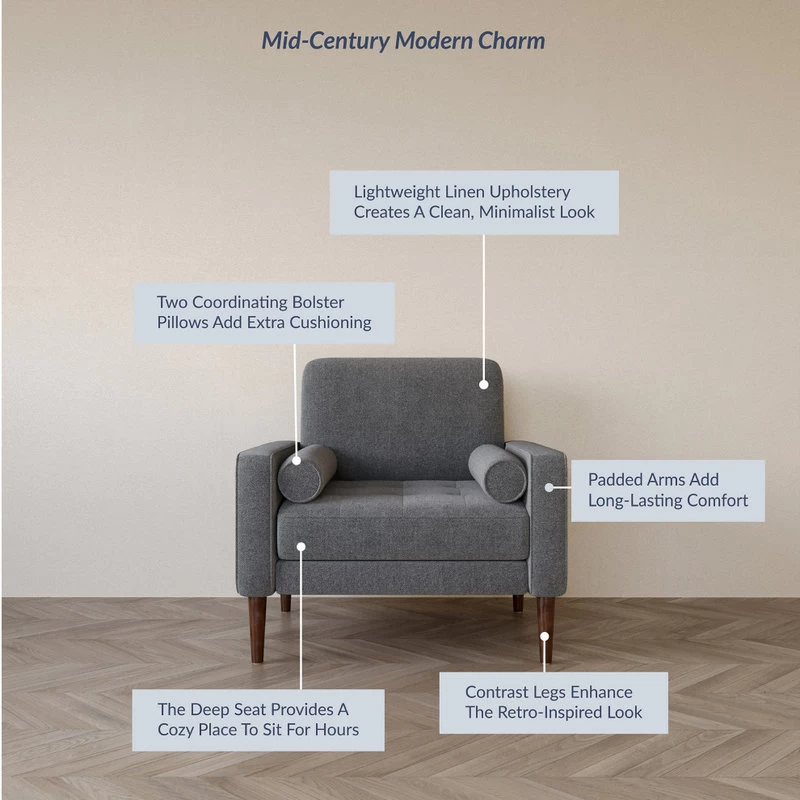 Erik Accent Chair Tufted Linen With Bolster Pillows, Grey - Image 3