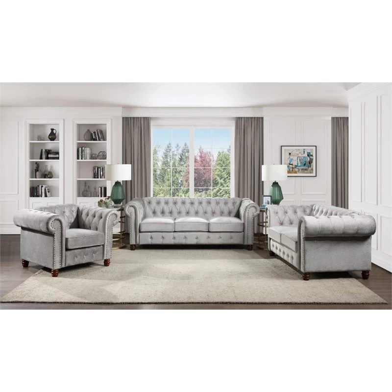 Lexicon Welwyn Velvet Chesterfield Sofa In Gray - Image 3