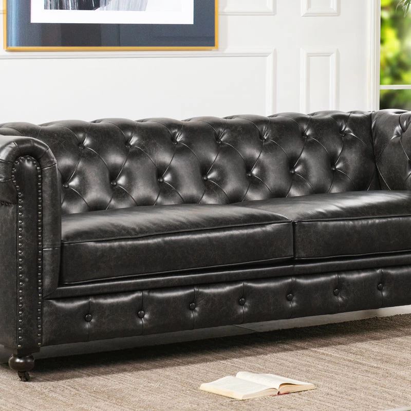 Winston 91" Tufted Chesterfield Sofa, Vintage Black Brown Faux Leather - Image 12