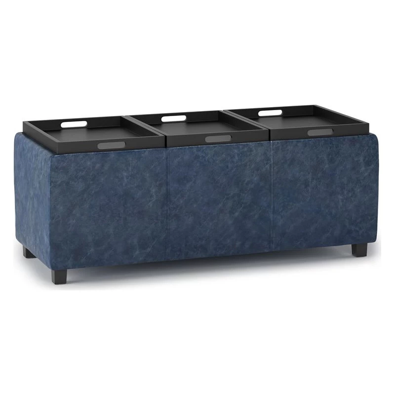 Simpli Home Avalon 42" Faux Leather Storage Ottoman In Denim Blue - Image 3