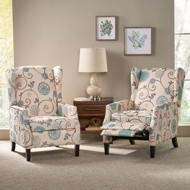 Corbin Fabric Recliner, Set Of 2, White With Blue Floral And Dark Brown - Image 2
