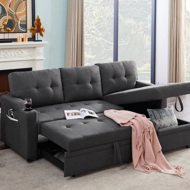 Mabel Fabric Sleeper Sectional With Cupholder, USB And Pocket, Dark Gray, Linen - Image 6